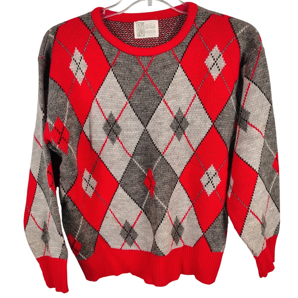 Billie Jo Womens SZ L Argyle Crewneck Sweater Red Grey Knit Retro Preppy USA